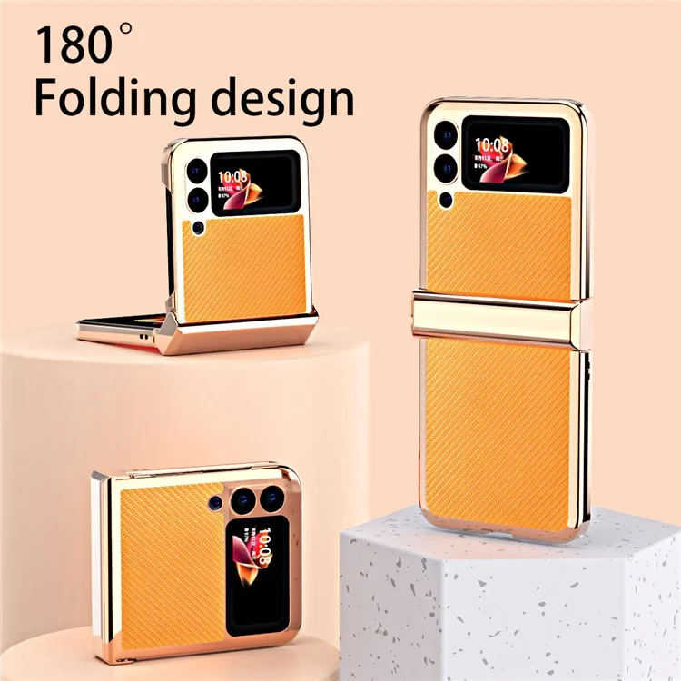 Coque de téléphone en PC revêtu de cuir PU avec texture en fibre de carbone et design séparé en 3 pièces pour Samsung Galaxy Z Flip3 5G - Jaune