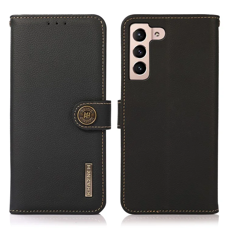 KHAZNEH Genuine Leather Phone Guard Wallet Stand Case with RFID Blocking Anti-theft Swiping Design for Samsung Galaxy S22 5G - Black