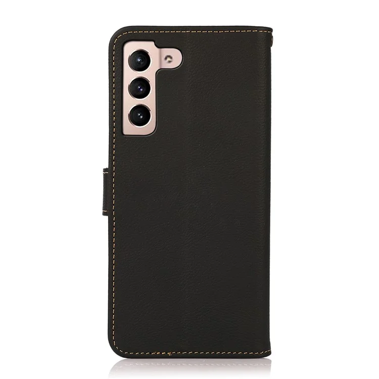 KHAZNEH Genuine Leather Phone Guard Wallet Stand Case with RFID Blocking Anti-theft Swiping Design for Samsung Galaxy S22 5G - Black