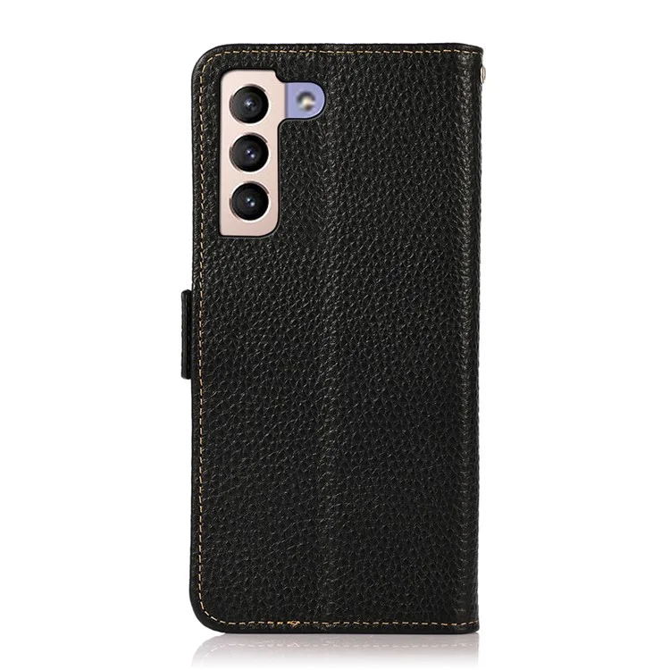 Khazneh Rfid Bloqueo Antirrobo de la Ftfi Litchi Texture Willet Shell Anti-drop Genuine Leather Case Para Samsung Galaxy S22+ 5G - Negro