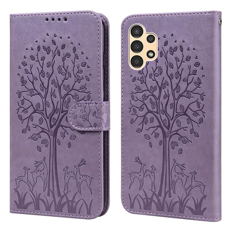 Deer and Tree Imprinting PU Leather Wallet Case Stand Flip Magnetic Cover for Samsung Galaxy A13 5G / A04s 4G (164.7 x 76.7 x 9.1 mm) - Purple