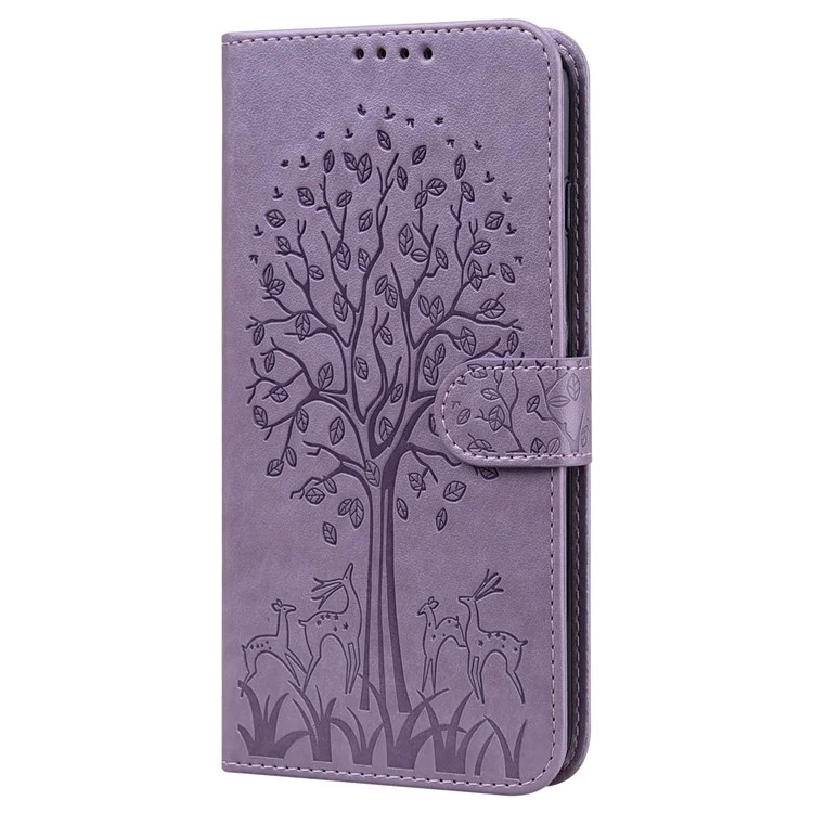 Deer and Tree Imprinting PU Leather Wallet Case Stand Flip Magnetic Cover for Samsung Galaxy A13 5G / A04s 4G (164.7 x 76.7 x 9.1 mm) - Purple