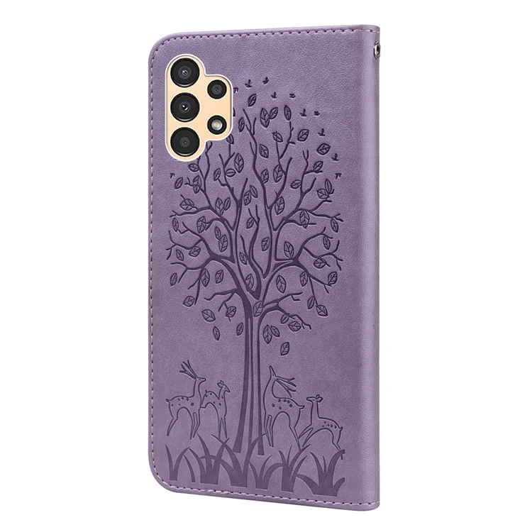 Deer and Tree Imprinting PU Leather Wallet Case Stand Flip Magnetic Cover for Samsung Galaxy A13 5G / A04s 4G (164.7 x 76.7 x 9.1 mm) - Purple