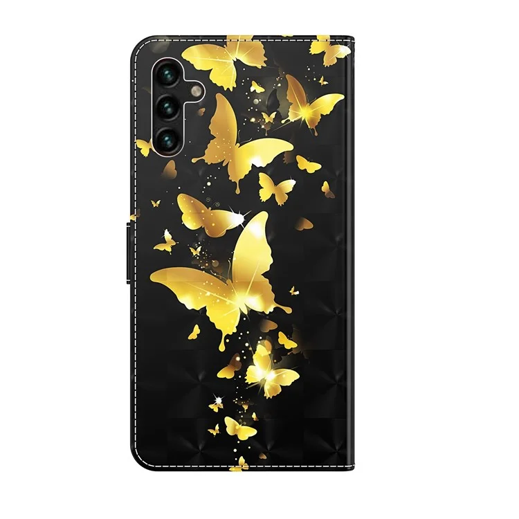 Vollschutz-Standfuß-Magnetisches Folio-Flip-Wallet-Case 3D-Kreativ-Muster-Druck PU-Lederhülle mit Riemen für Samsung Galaxy A13 5G / A04s 4G (164,7 x 76,7 x 9,1 mm) - Goldene Schmetterlinge