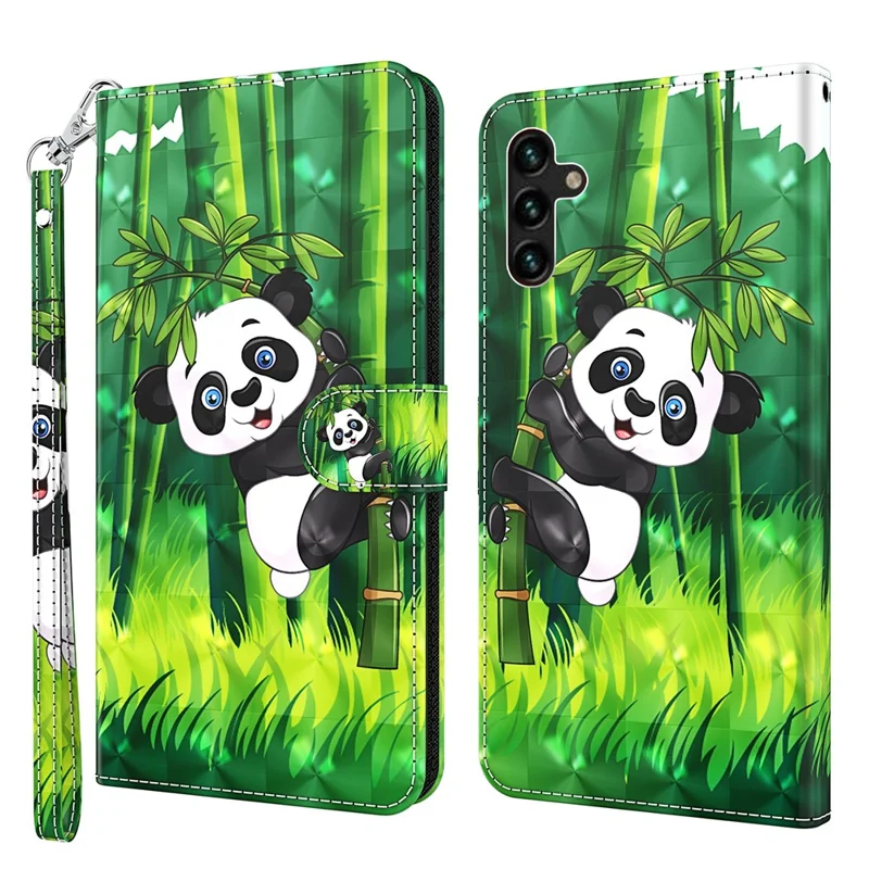 Folio Flip Wallet Case 3D Creative Pattern Printing PU Leather Cover with Strap for Samsung Galaxy A13 5G / A04s 4G (164.7mm) - Panda Climbing Bamboo