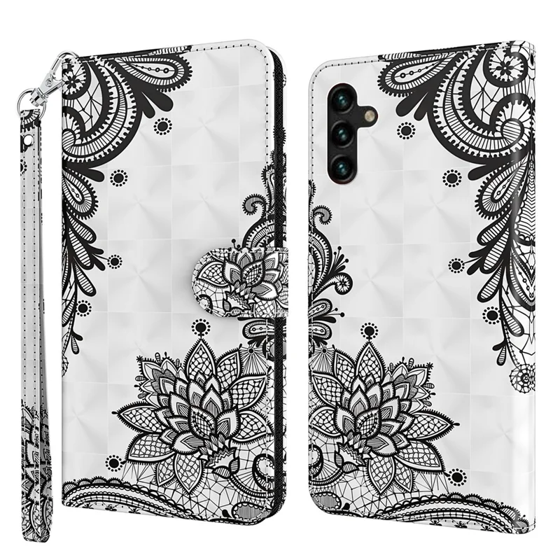Folio Flip Wallet Case 3D Creative Pattern Printing PU Leather Cover with Strap for Samsung Galaxy A13 5G / A04s 4G (164.7mm) - Lace Flower