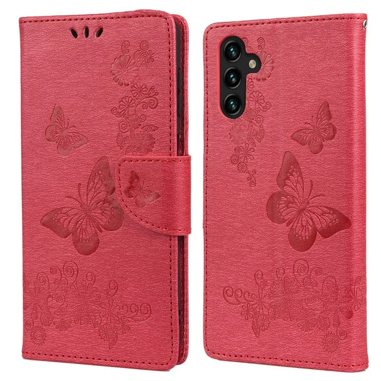 Butterflies Flower Imprinted Wallet Stand Leather Cover Case for Samsung Galaxy A13 5G / A04s 4G (164.7 x 76.7 x 9.1 mm) - Red