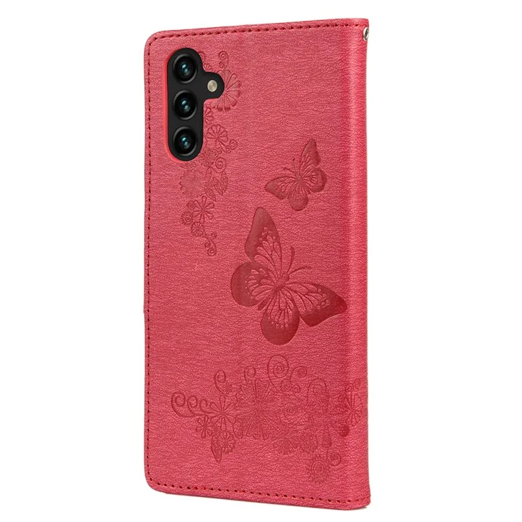 Butterflies Flower Imprinted Wallet Stand Leather Cover Case for Samsung Galaxy A13 5G / A04s 4G (164.7 x 76.7 x 9.1 mm) - Red