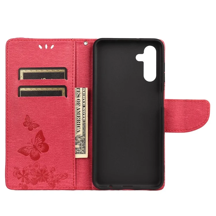 Butterflies Flower Imprinted Wallet Stand Leather Cover Case for Samsung Galaxy A13 5G / A04s 4G (164.7 x 76.7 x 9.1 mm) - Red