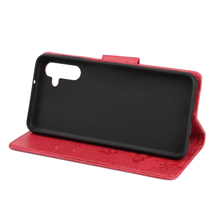 Butterflies Flower Imprinted Wallet Stand Leather Cover Case for Samsung Galaxy A13 5G / A04s 4G (164.7 x 76.7 x 9.1 mm) - Red