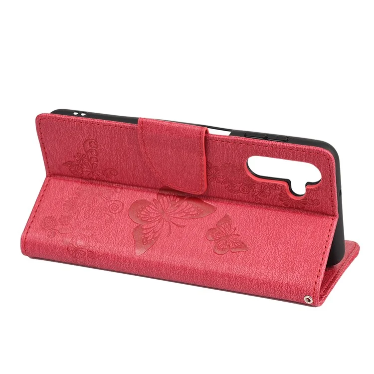 Butterflies Flower Imprinted Wallet Stand Leather Cover Case for Samsung Galaxy A13 5G / A04s 4G (164.7 x 76.7 x 9.1 mm) - Red