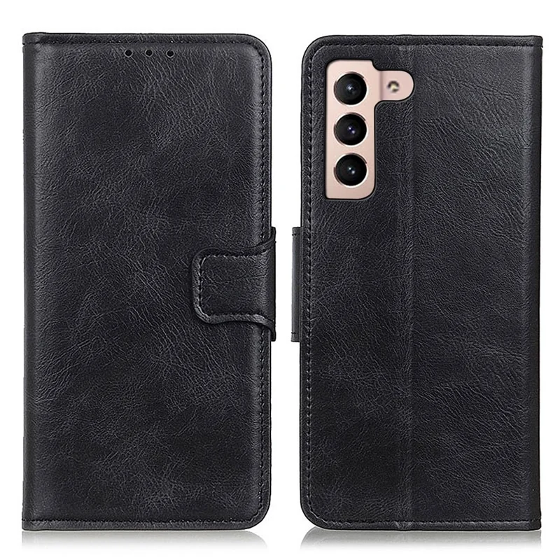 Anti-Scratch Crazy Horse Texture PU Leather Folio Flip Wallet Case Soft TPU Interior Stand Protective Phone Cover for Samsung Galaxy S22 5G - Black