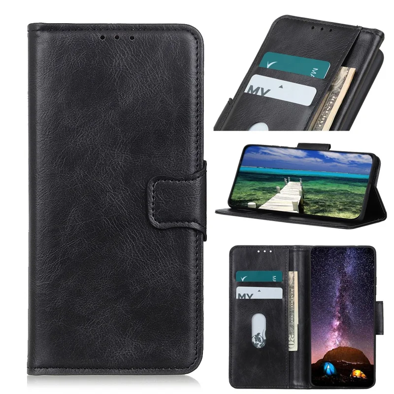 Anti-Scratch Crazy Horse Texture PU Leather Folio Flip Wallet Case Soft TPU Interior Stand Protective Phone Cover for Samsung Galaxy S22 5G - Black