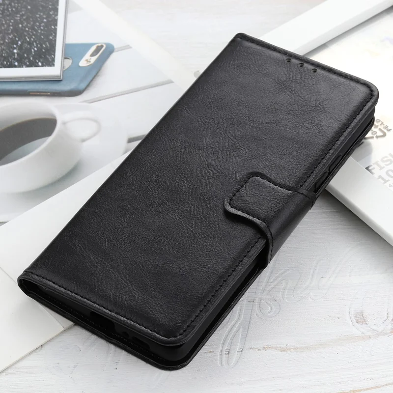 Anti-Scratch Crazy Horse Texture PU Leather Folio Flip Wallet Case Soft TPU Interior Stand Protective Phone Cover for Samsung Galaxy S22 5G - Black