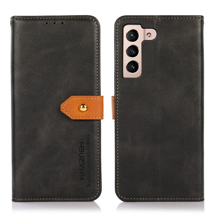 KHAZNEH Magnetic Golden Clasp PU Leather Stand Wallet Protective Cover for Samsung Galaxy S22 5G - Black