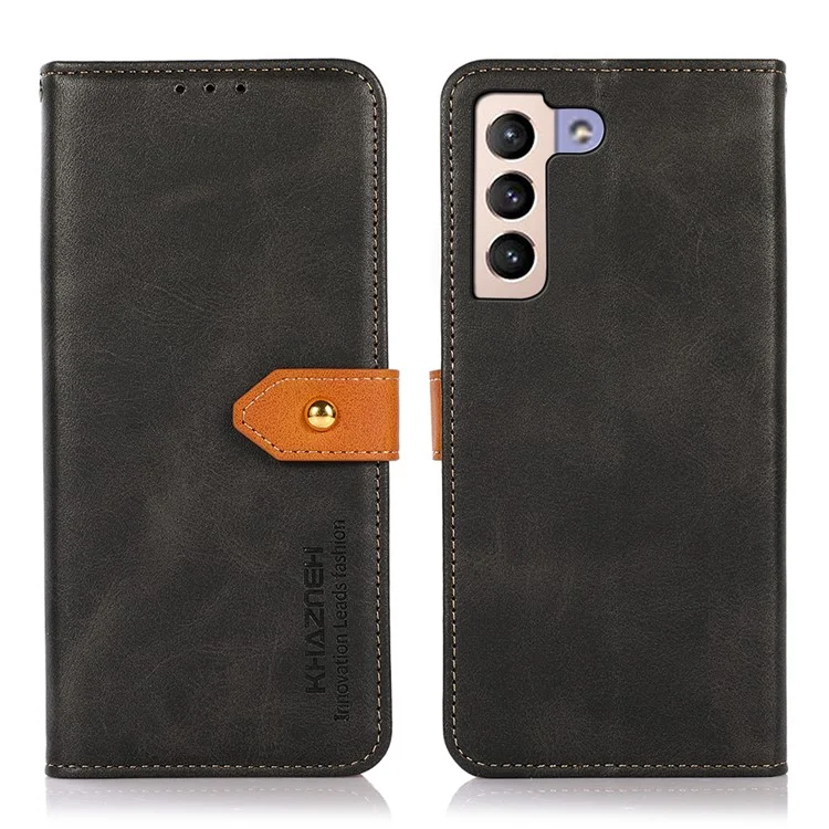 KHAZNEH Golden Magnetic Clasp Fully Wrapped PU Leather Stand Cover Wallet Phone Shell for Samsung Galaxy S22+ 5G - Black