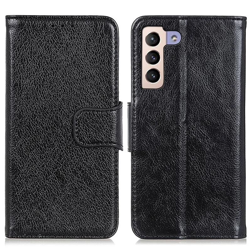 Split Leather Nappa Texture Wallet Stand Flip Protective Cover with Magnetic Closure for Samsung Galaxy S22+ 5G - Black
