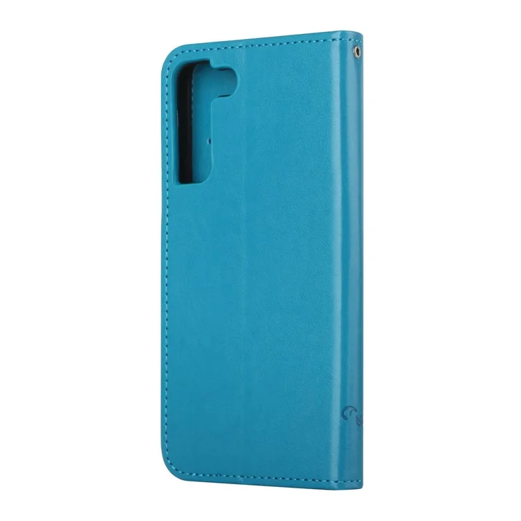 Stylish Butterfly and Flower Imprinting PU Leather Wallet Magnetic Flip Stand Shockproof Cover with Strap for Samsung Galaxy S22+ 5G - Blue