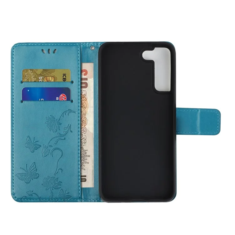 Stylish Butterfly and Flower Imprinting PU Leather Wallet Magnetic Flip Stand Shockproof Cover with Strap for Samsung Galaxy S22+ 5G - Blue