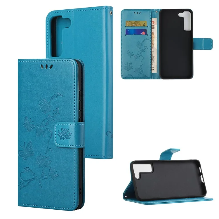 Stylish Butterfly and Flower Imprinting PU Leather Wallet Magnetic Flip Stand Shockproof Cover with Strap for Samsung Galaxy S22+ 5G - Blue