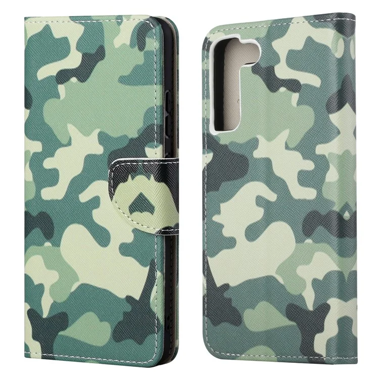 Full Body Shockproof Cross Texture PU Leather Wallet Stand Flip Pattern Printing Cover for Samsung Galaxy S22+ 5G - Camouflage