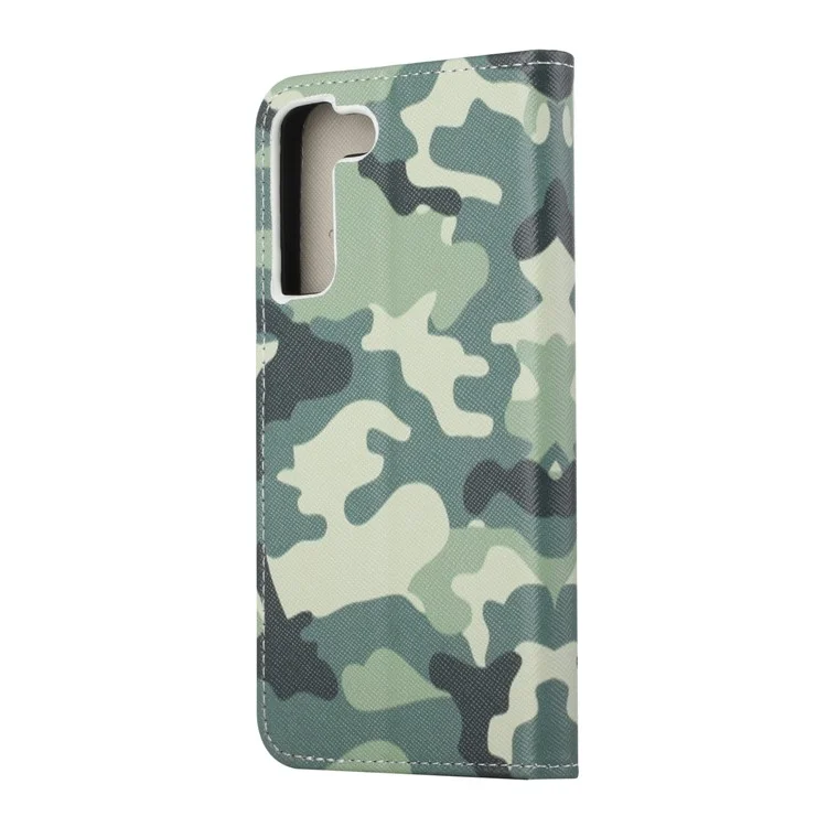 Full Body Shockproof Cross Texture PU Leather Wallet Stand Flip Pattern Printing Cover for Samsung Galaxy S22+ 5G - Camouflage