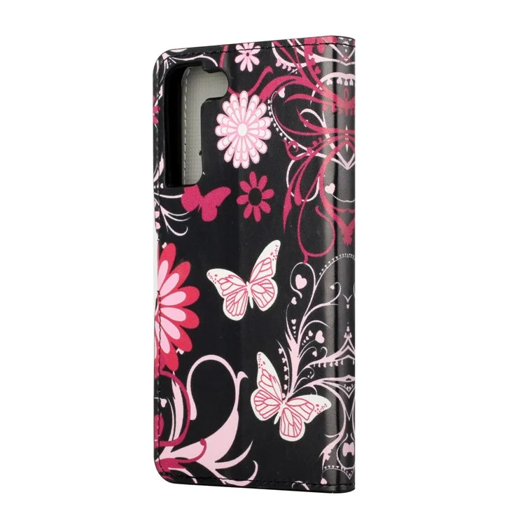 Magnetic Clasp Pattern Printing PU Leather Wallet Stand Phone Case Cover for Samsung Galaxy S22 5G - Butterflies and Flowers