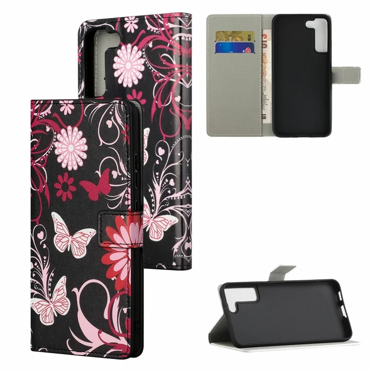 Magnetic Clasp Pattern Printing PU Leather Wallet Stand Phone Case Cover for Samsung Galaxy S22 5G - Butterflies and Flowers