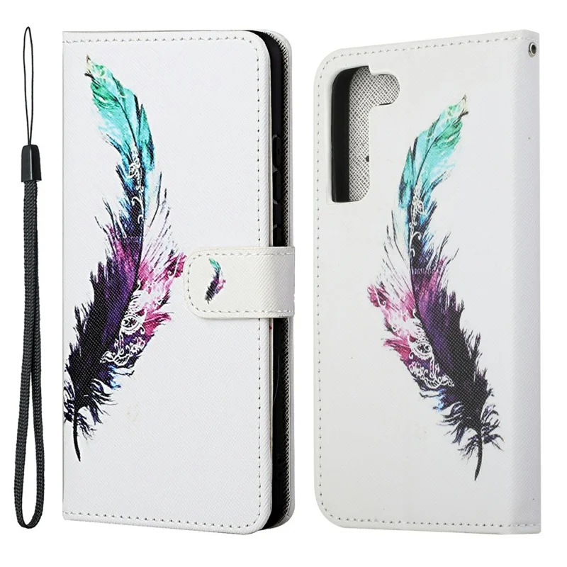 Pattern Printing Cross Texture Wallet Stand Leather Phone Case Protector for Samsung Galaxy S22+ 5G - Colorful Feather