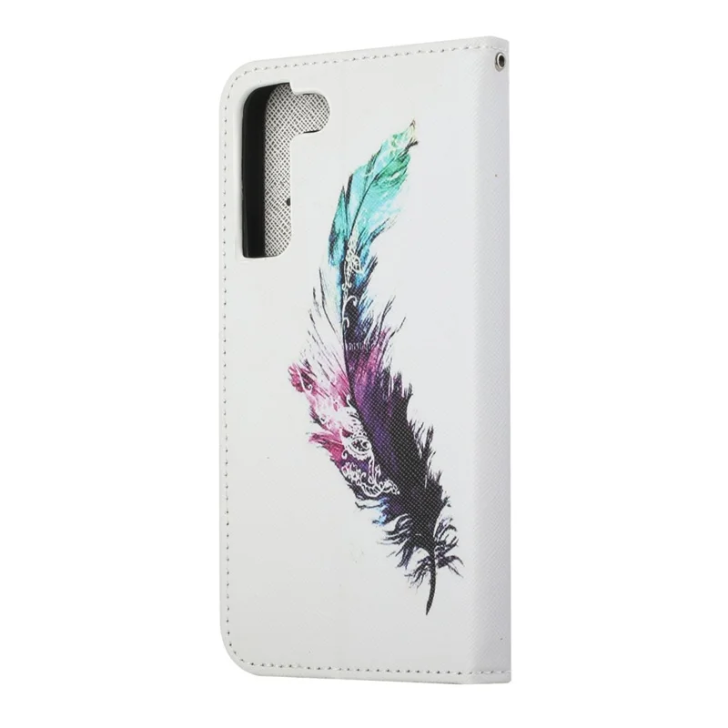 Pattern Printing Cross Texture Wallet Stand Leather Phone Case Protector for Samsung Galaxy S22+ 5G - Colorful Feather