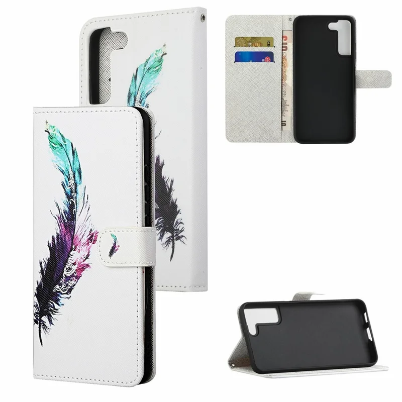 Pattern Printing Cross Texture Wallet Stand Leather Phone Case Protector for Samsung Galaxy S22+ 5G - Colorful Feather