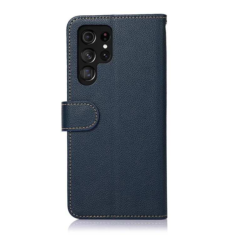 KHAZNEH RFID Blocking Litchi Texture Wallet Stand Leather Protective Phone Case Shell for Samsung Galaxy S22 Ultra 5G - Azul