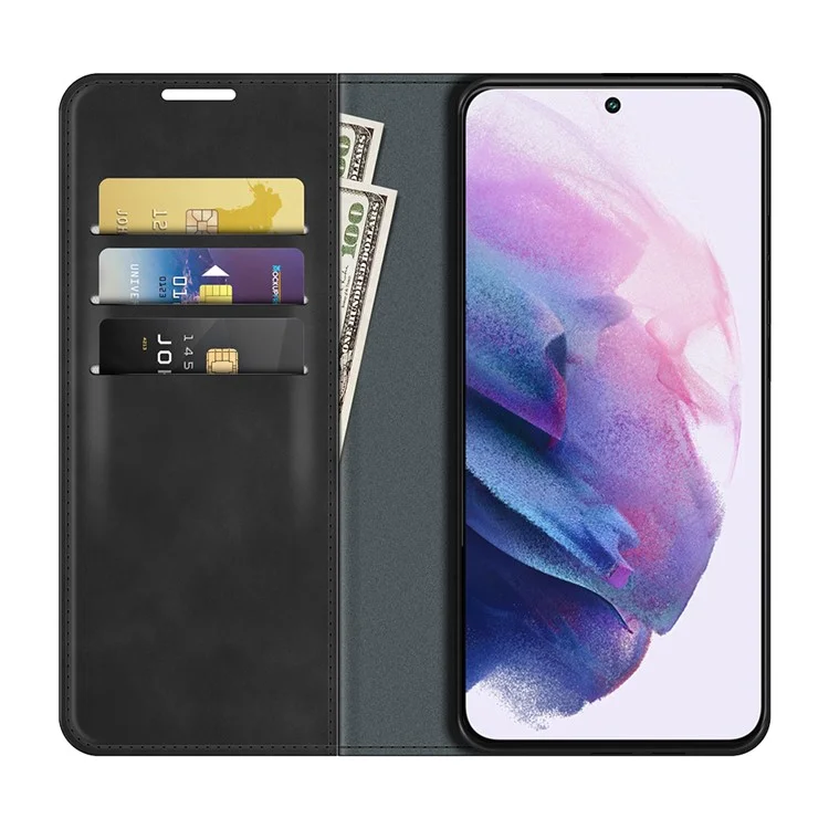 Anti-fall Stand Design Silky-Touch Super Magnet Closure Folio Flip Leather Cover Protective Case with Wallet for Samsung Galaxy S22+ 5G - Preto