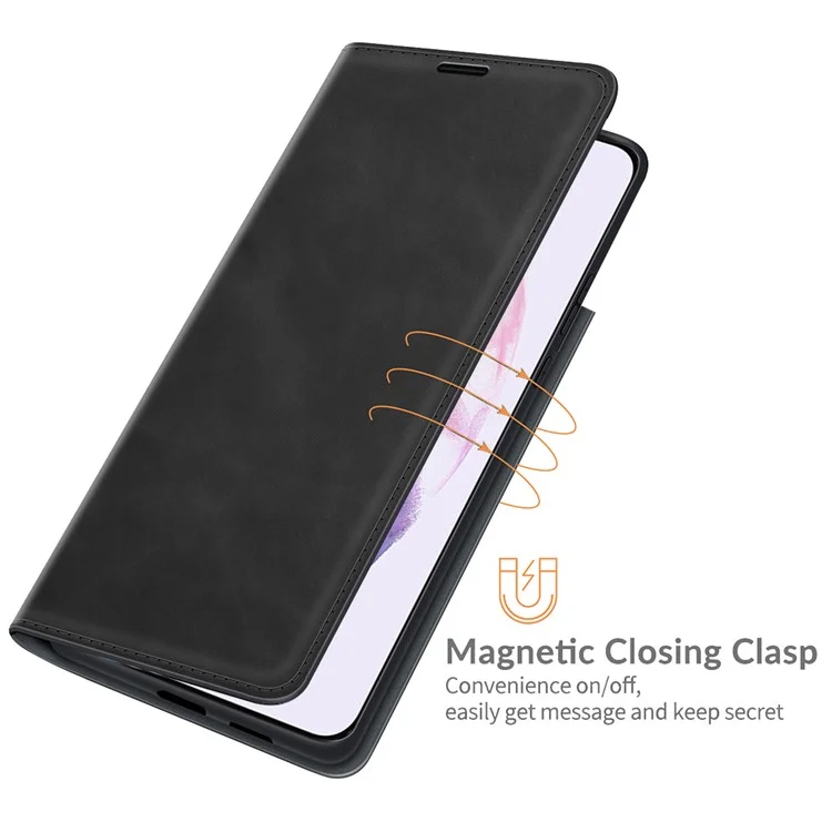 Anti-fall Stand Design Silky-Touch Super Magnet Closure Folio Flip Leather Cover Protective Case with Wallet for Samsung Galaxy S22+ 5G - Preto