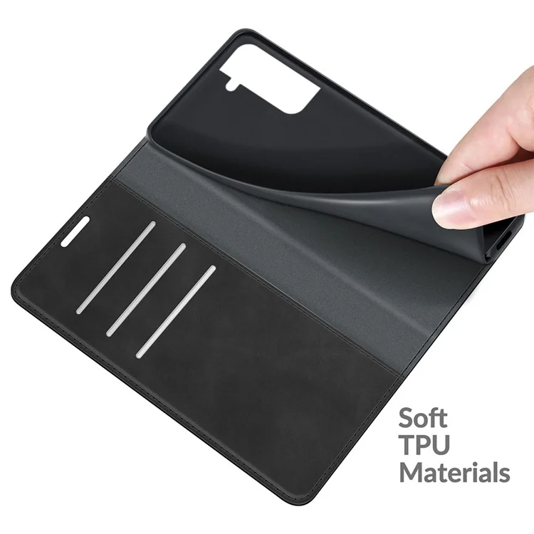 Anti-fall Stand Design Silky-Touch Super Magnet Closure Folio Flip Leather Cover Protective Case with Wallet for Samsung Galaxy S22+ 5G - Preto