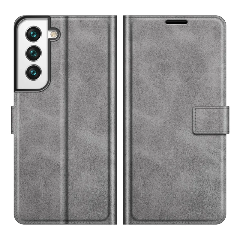 Anti-shock PU Leather Wallet Magnetic Folio Flip Case Stand TPU Inner Shell for Samsung Galaxy S22+ 5G - Grey