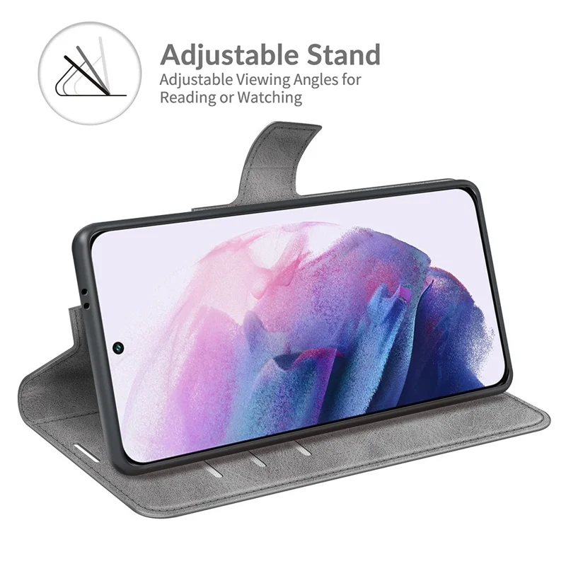 Anti-shock PU Leather Wallet Magnetic Folio Flip Case Stand TPU Inner Shell for Samsung Galaxy S22+ 5G - Grey