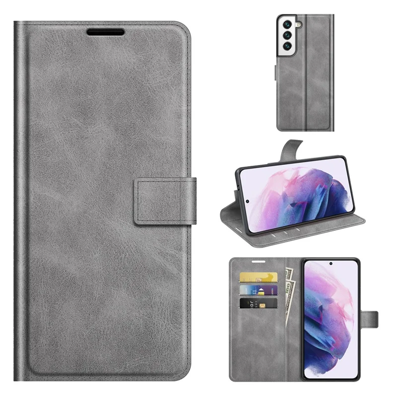 Anti-shock PU Leather Wallet Magnetic Folio Flip Case Stand TPU Inner Shell for Samsung Galaxy S22+ 5G - Grey