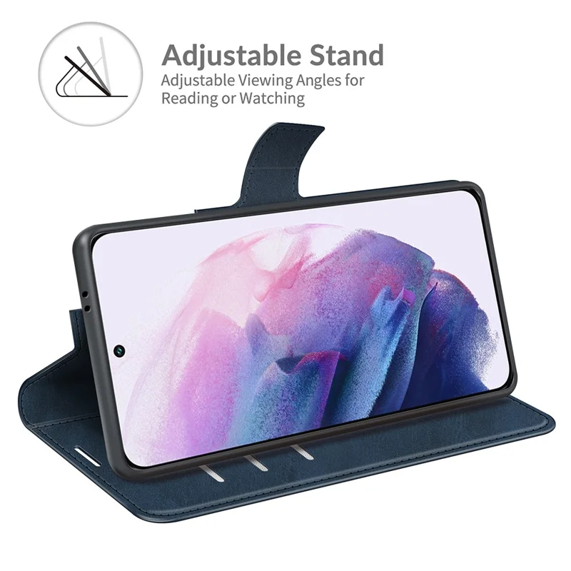Anti-shock PU Leather Wallet Magnetic Folio Flip Case Stand TPU Inner Shell for Samsung Galaxy S22+ 5G - Blue