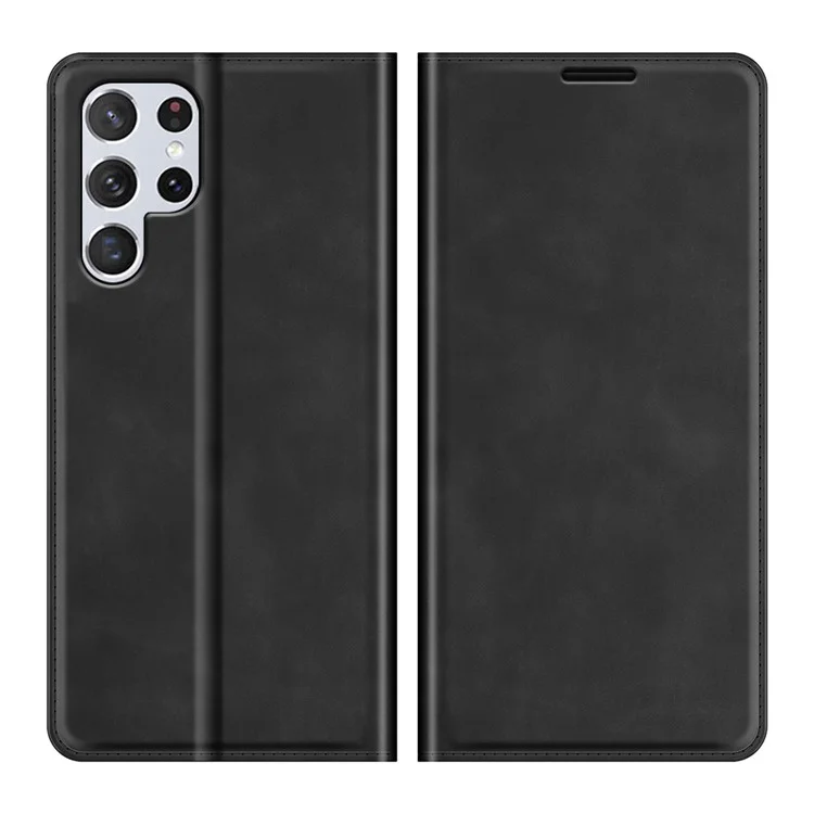 Automatic Magnet Closure Flip Phone Shell Stand Design Skin-Touch Super Leather Case Cover with Wallet for Samsung Galaxy S22 Ultra 5G - Black