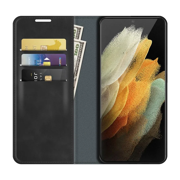 Automatischer Magnetverschluss Flip Phone Shell Ständer Design Hauttouch Super Leder Hülle Mit Brieftasche Für Samsung Galaxy S22 Ultra 5g - Schwarz