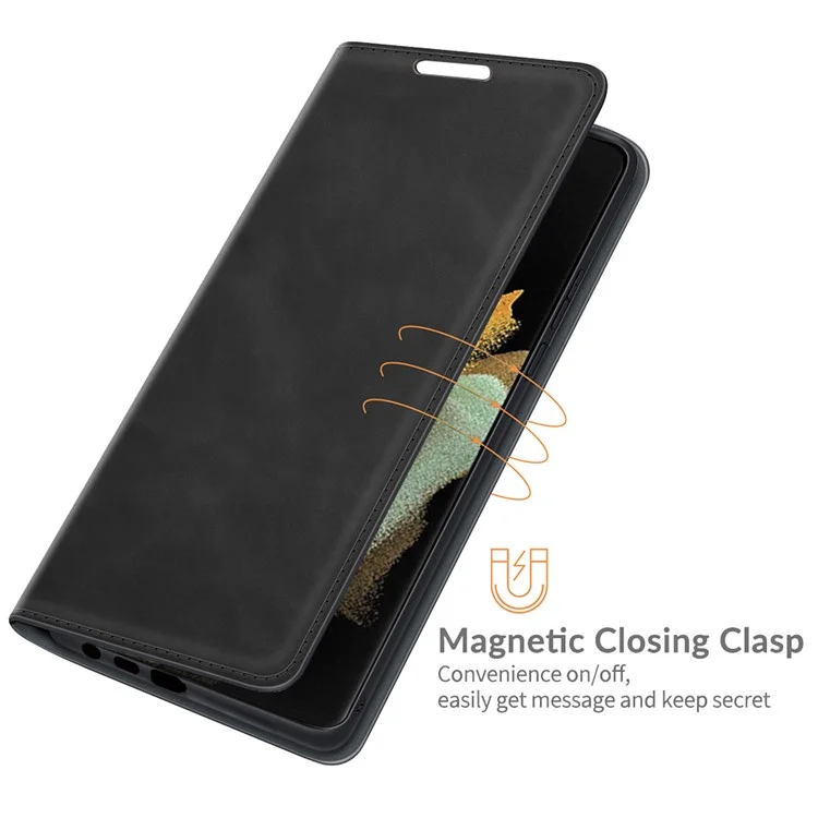 Automatic Magnet Closure Flip Phone Shell Stand Design Skin-Touch Super Leather Case Cover with Wallet for Samsung Galaxy S22 Ultra 5G - Black