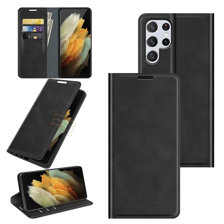 Automatischer Magnetverschluss Flip Phone Shell Ständer Design Hauttouch Super Leder Hülle Mit Brieftasche Für Samsung Galaxy S22 Ultra 5g - Schwarz