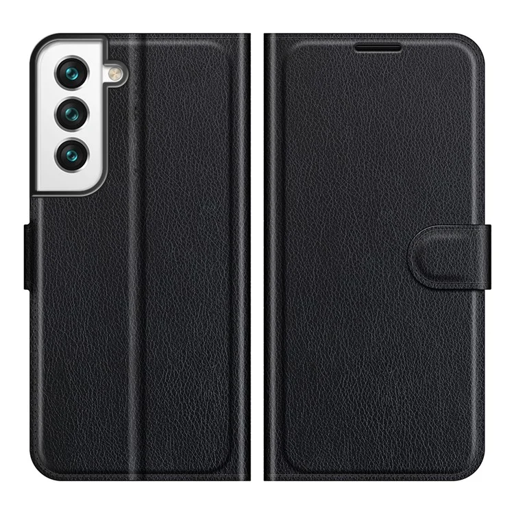 Quality PU Leather Wallet Case Litchi Texture Magnetic Closure Protective Stand Flip Phone Cover for Samsung Galaxy S22+ 5G - Black