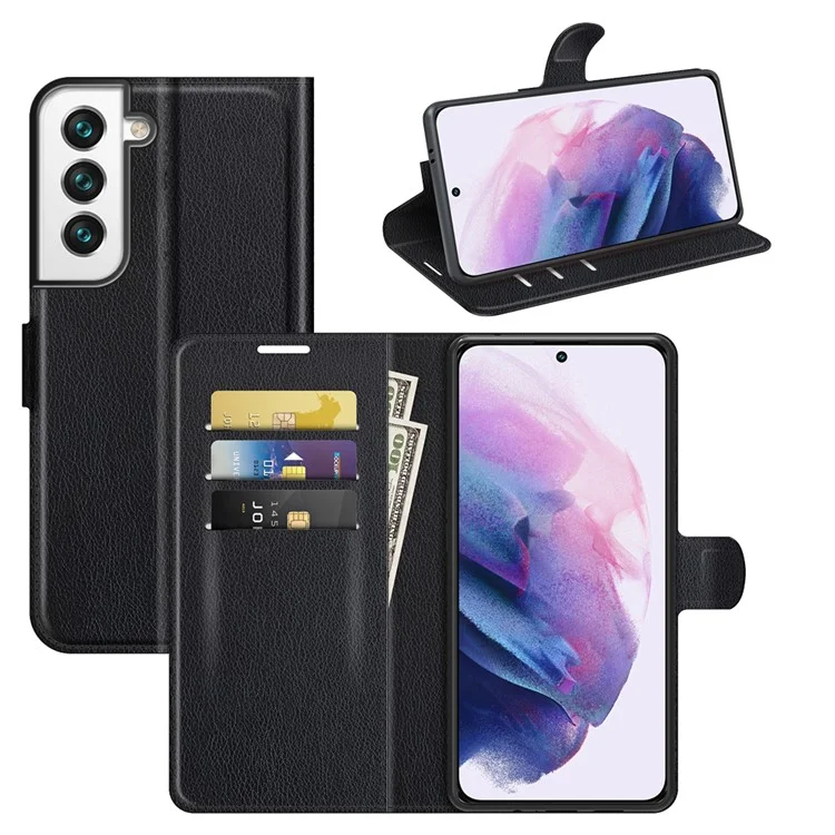 Hochwertiges PU-Leder-Wallet-Case, Litchi-Textur, magnetischer Verschluss, Schutzständer, Flip-Phone-Cover für Samsung Galaxy S22+ 5G - Schwarz