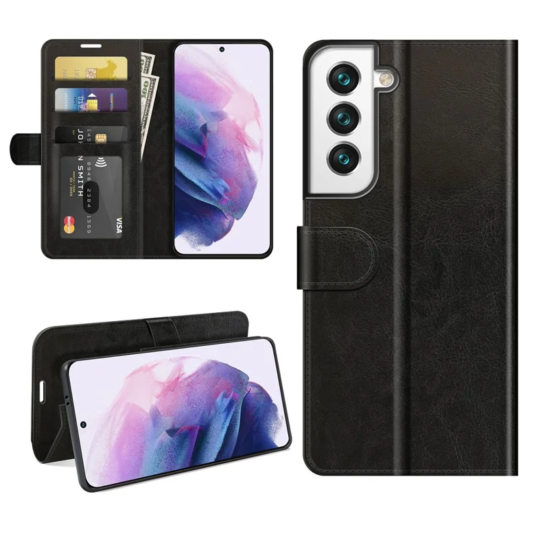Wallet Design Crazy Horse Texture Leather Phone Cover Shell with Horizontal Viewing Stand for Samsung Galaxy S22+ 5G - Black