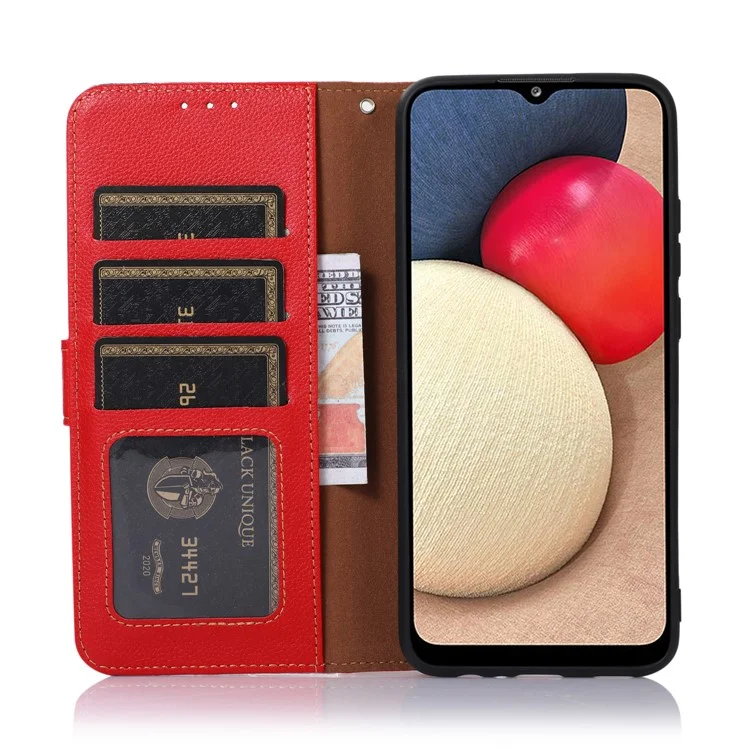 KHAZNEH Litchi Texture RFID Blocking Leather Stand Shell Phone Case pour Samsung Galaxy A13 5G / A04s 4G (164,7 x 76,7 x 9,1 mm) - Rouge