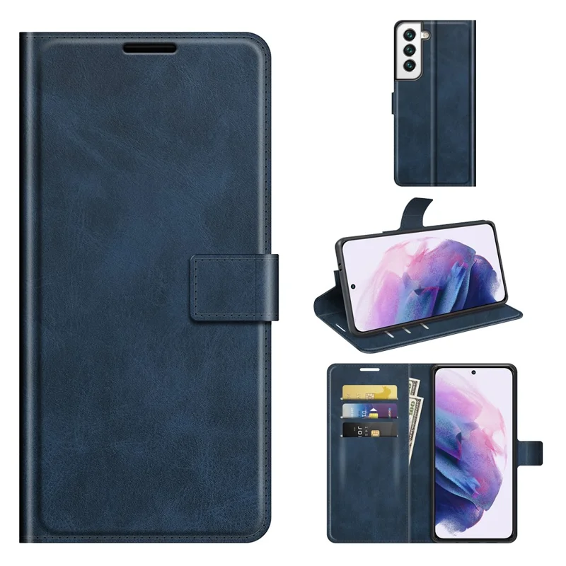 Full Protective PU Leather TPU Wallet Stand Phone Flip Cover Case for Samsung Galaxy S22 5G - Blue