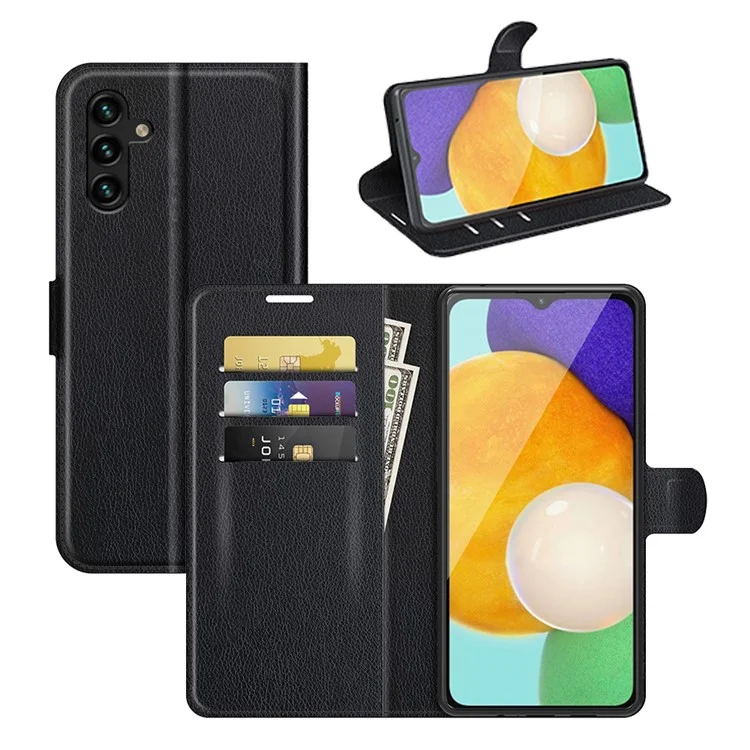 Folio Flip Extermeiro Magnético Litchi Textura PU Couro + Tape de Atualização TPU Stand TPU Para Samsung Galaxy A13 5G - Preto