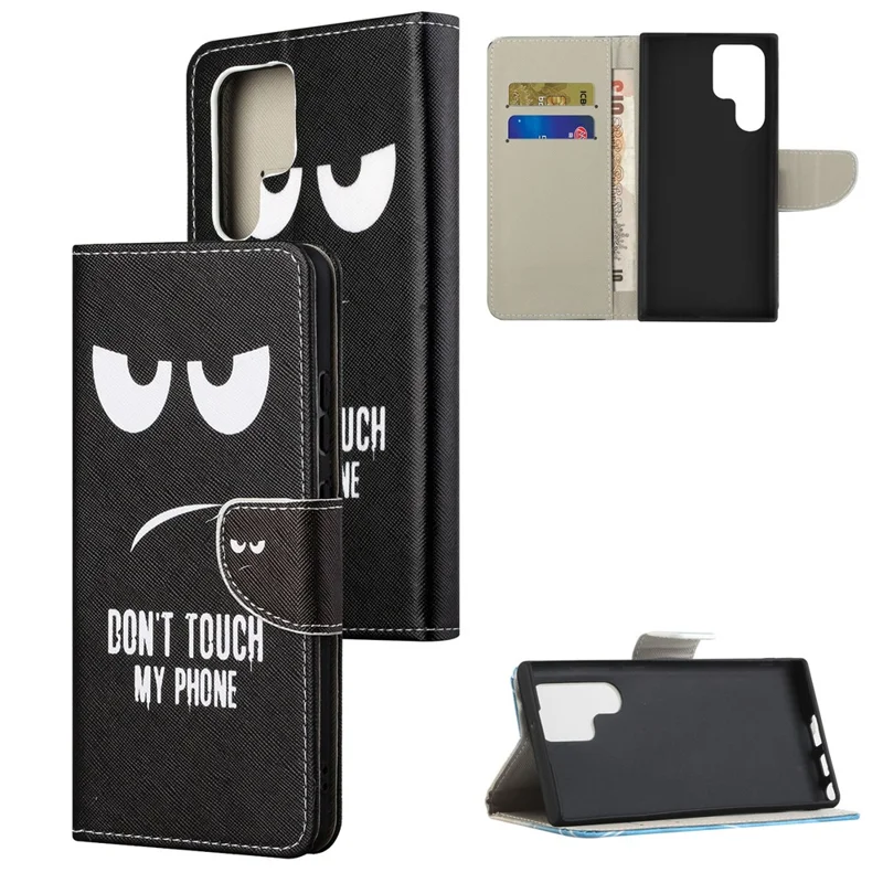 Pattern Printing Cross Texture Durable PU Leather Stand Flip Folio Cover Magnetic Closure Wallet Phone Case for Samsung Galaxy S22 Ultra 5G - Don't Touch My Phone